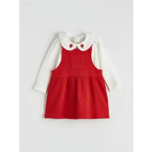 LCW baby Kırmızı Bebe Yaka Nakışlı Kız Bebek Bluz ve Salopet Elbise