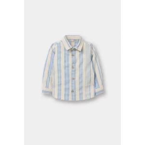 Defacto G6656A5BE343 Mavi Erkek Bebek Çizgili Keten Karışımlı Uzun Kollu Gömlek