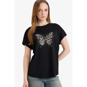 Defacto G2882AXBK81 Siyah Bisiklet Yaka Kelebek Desenli Kısa Kollu Tişört