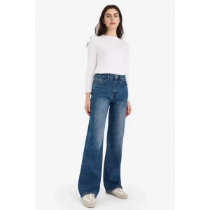 Defacto G8848AXNM34 Mavi %100 Pamuk Straıght Wıde Yüksek Bel Jean Pantolon