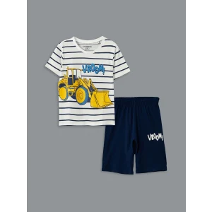 LCW Kids Ekru Bisiklet Yaka Erkek Çocuk Şortlu Pijama Takımı