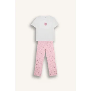 Defacto G1674AXPN149 Pembe Pijama Takımı Regular Fit Baskılı Kısa Kollu Üst Desenli Uzun Alt