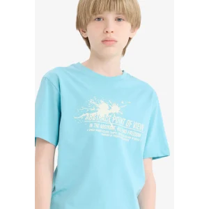 Defacto E0081A8TR248 Turkuaz Bisiklet Yaka Baskılı Kısa Kollu Tişört Erkek Çocuk