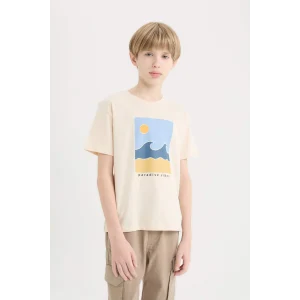 Defacto E0089A8ER42 Ekru Bisiklet Yaka Baskılı Kısa Kollu Tişört Erkek Çocuk