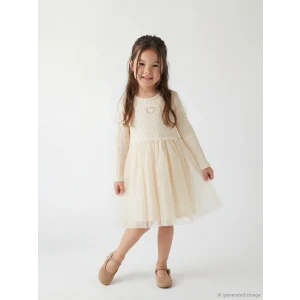 LCW Kids Bej Bisiklet Yaka Fiyonklu Kız Çocuk Elbise