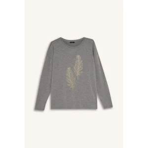 Defacto H1203AXAR53 Antrasit Relax Fıt Bisiklet Yaka Taş Baskılı Uzun Kollu Tişört