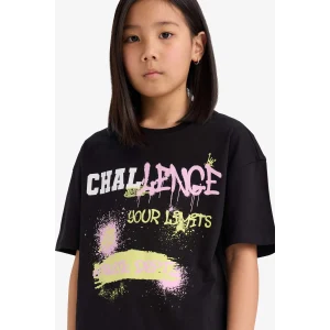 Defacto E0386A8BK81 Siyah Oversize Geniş Kalıp Bisiklet Yaka Baskılı Kısa Kollu Tişört Kız Çocuk