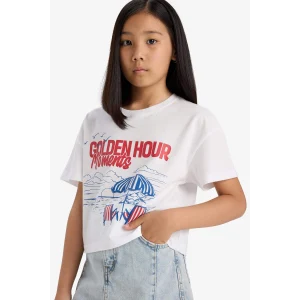 Defacto E0391A8WT34 Beyaz Boxy Fit Bisiklet Yaka Baskılı Kısa Kollu Tişört Kız Çocuk