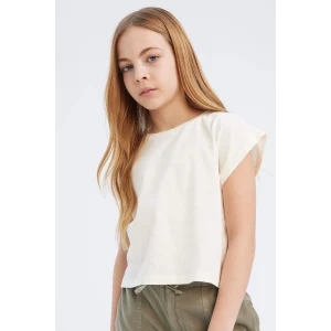 Defacto C4511A8ER99 Ekru Boxy Fit Bisiklet Yaka Basic Düz Kısa Kollu Tişört Kız Çocuk
