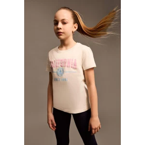 Defacto D8541A8ER85 Ekru Bisiklet Yaka Baskılı Kısa Kollu Tişört Kız Çocuk