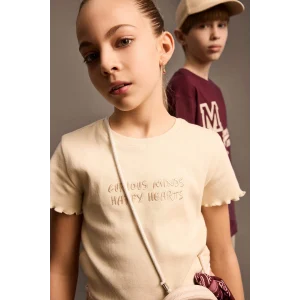 Defacto B6689A8ER42 Ekru Slim Fit Dar Kesim Bisiklet Yaka Baskılı Fitilli Kaşkorse Kısa Kollu Tişört Kız Çocuk