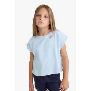 Defacto C4511A8BE343 Mavi Boxy Fit Bisiklet Yaka Basic Düz Kısa Kollu Tişört Kız Çocuk