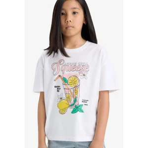 Defacto E0389A8WT34 Beyaz Relax Fit Bisiklet Yaka Baskılı Kısa Kollu Tişört Kız Çocuk
