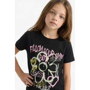 Defacto E0383A8BK81 Siyah Bisiklet Yaka Baskılı Kısa Kollu Tişört Kız Çocuk