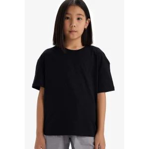 Defacto D9099A8BK81 Siyah Relax Fit Bisiklet Yaka Basic Düz Kısa Kollu Tişört Kız Çocuk