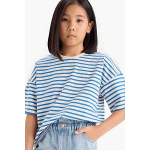 Defacto D8581A8BE124 Mavi Relax Fit Bisiklet Yaka Çizgili Kısa Kollu Tişört Kız Çocuk