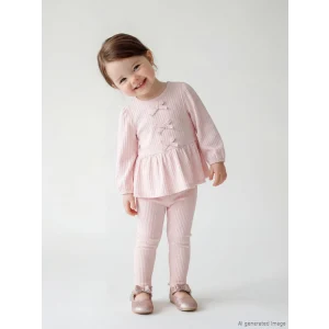 LCW baby Pembe Bisiklet Yaka Fiyonklu Kız Bebek Bluz ve Tayt