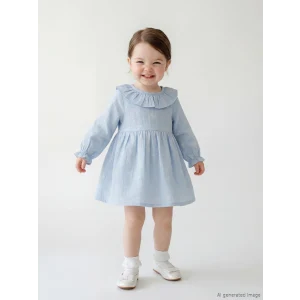 LCW baby Mavi Fırfırlı Bebe Yaka Desenli Kız Bebek Elbise