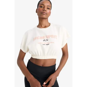 Defacto D9034AXER136 Ekru Cropped Fit Bisiklet Yaka Baskılı Sporcu Kısa Kollu Tişört
