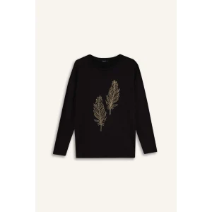 Defacto H1203AXBK81 Siyah Relax Fıt Bisiklet Yaka Taş Baskılı Uzun Kollu Tişört