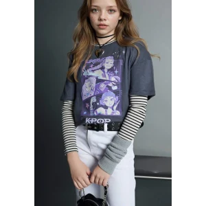 Defacto H3842A8AR58 Antrasit Kpop - Demon Hunters Relax Fıt Tişört Kız Çocuk