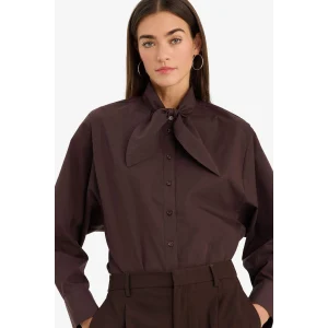 Defacto G8622AXBN192 Kahve Oversıze Fular Yaka Poplin Uzun Kollu Gömlek