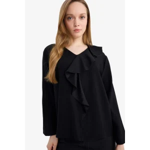 Defacto G9142AXBK81 Siyah Relax Fıt Krinkıl Kumaş Volanlı Bluz