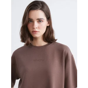 LCW Vision Kahverengi Bisiklet Yaka Nakışlı Oversize Kadın Tişört