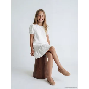 LCW Kids Beyaz Bisiklet Yaka Çiçekli Kız Çocuk Elbise