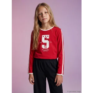 LCW Kids Kırmızı Baskılı Uzun Kollu Kız Çocuk Tişört