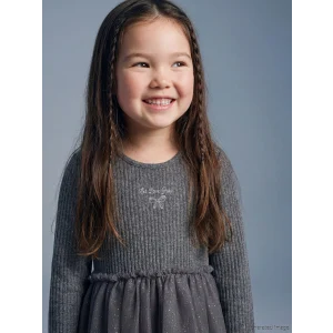 LCW Kids Antrasit Bisiklet Yaka Nakışlı Kız Çocuk Tütü Elbise