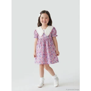 LCW Kids Lila Baskılı Keten Görünümlü Kız Çocuk Elbise