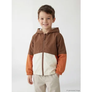 LCW Kids Kahverengi Kapüşonlu Renk Bloklu Erkek Çocuk Mont