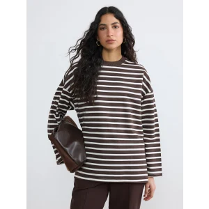 LCW Modest Ekru Çizgili Oversize Kadın Sweatshirt Tunik