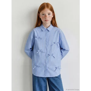 LCW Girls Studio Mavi Fiyonk Detaylı Çizgili Kız Çocuk Poplin Gömlek