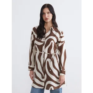 LCW EVERYDAY Kahverengi Desenli Kuşaklı Kadın Gömlek Tunik