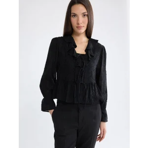 LCW EVERYDAY Siyah V Yaka Desenli Fırfırlı Bluz