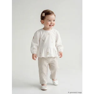 LCW baby Ekru Bisiklet Yaka Kız Bebek Bluz ve Pantolon