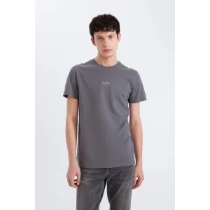 Defacto D5565AXAR58 Antrasit %100 Pamuk Slim Fit Dar Kesim Bisiklet Yaka Baskılı Kısa Kollu Tişört