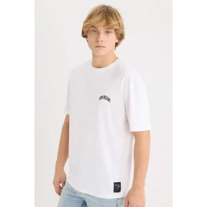 Defacto D5568AXWT34 Beyaz %100 Pamuk Boxy Fit Bisiklet Yaka Baskılı Kısa Kollu Tişört