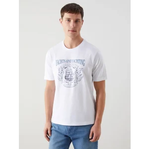 LCWAIKIKI Classic Beyaz Bisiklet Yaka Baskılı Penye Erkek Tişört