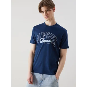 XSIDE İndigo Bisiklet Yaka New York Baskılı Penye Erkek Tişört