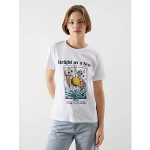 XSIDE Beyaz Bisiklet Yaka Baskılı Kadın Tişört