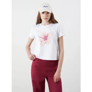 XSIDE Beyaz Bisiklet Yaka Çiçek Baskılı Kadın Tişört