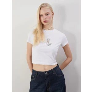 XSIDE Beyaz Bisiklet Yaka Ördek Baskılı Kadın Crop