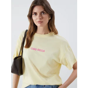 LCW Vision Sarı Bisiklet Yaka Baskılı Oversize Kadın Tişört