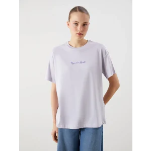 LCW Vision Lila Bisiklet Yaka Baskılı Oversize Kadın Tişört