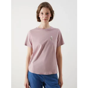 LCWAIKIKI Classic Pembe Bisiklet Yaka Çiçek Nakışlı Kadın Tişört