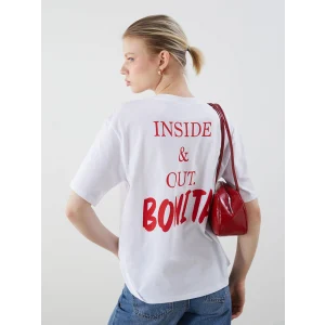 LCW Vision Beyaz Bisiklet Yaka Baskılı Oversize Kadın Tişört