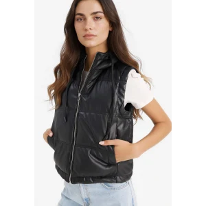 Defacto E8589AXBK27 Siyah Regular Fıt Kapüşonlu Suni Deri Yelek